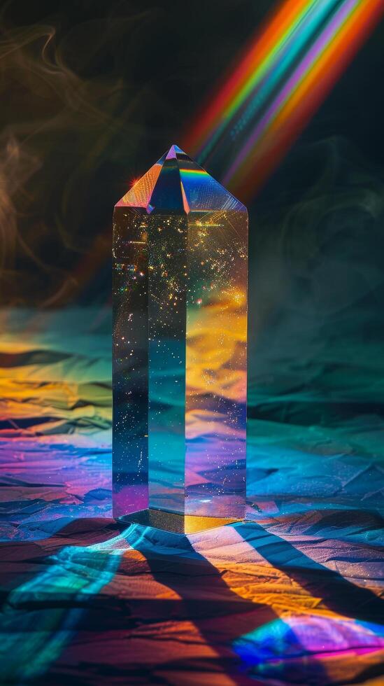 Mystical Crystal Prism Illuminated by Colorful Light Rays photo