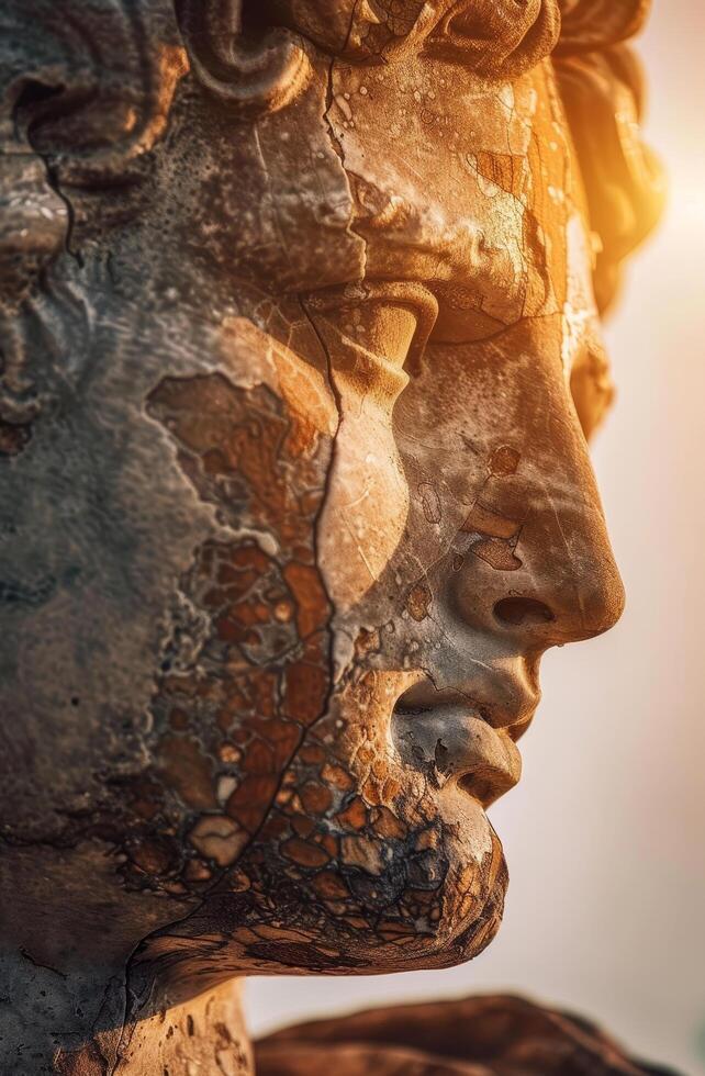 Close up of a weathered classical statue at sunset photo