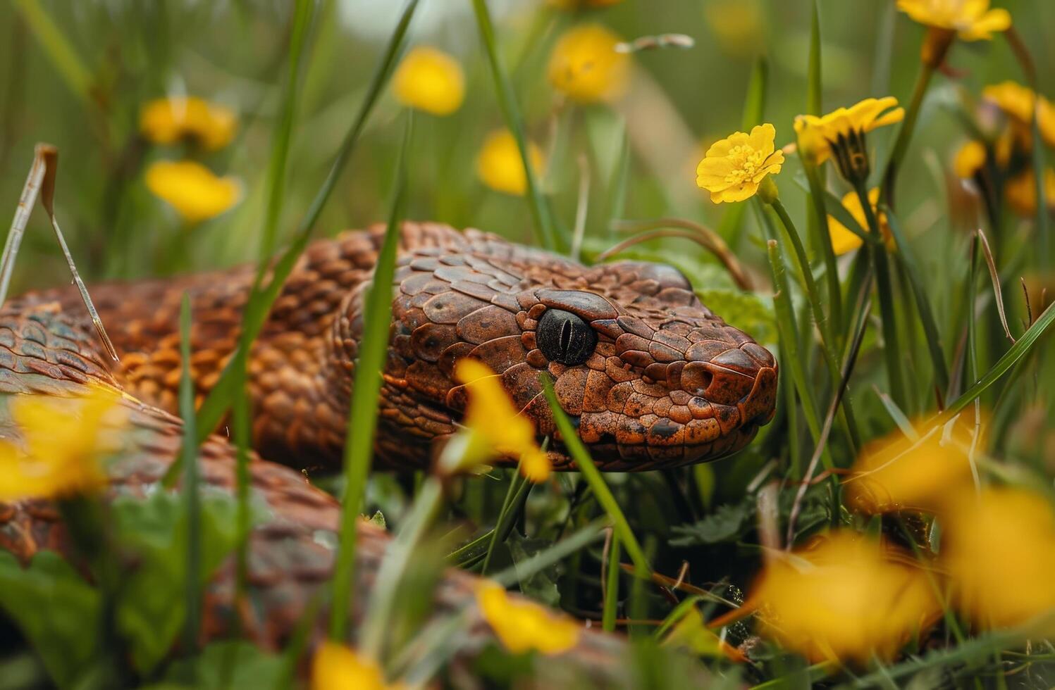 Close up of a snake hiding among spring flowers photo