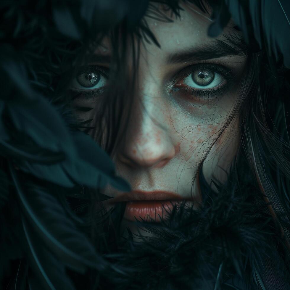 Mysterious woman with intense gaze peeking through dark feathers photo