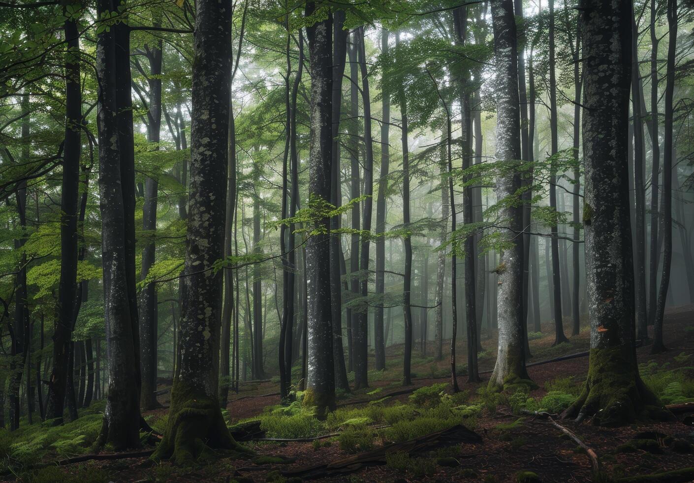 Misty Forest with Lush Green Undergrowth photo
