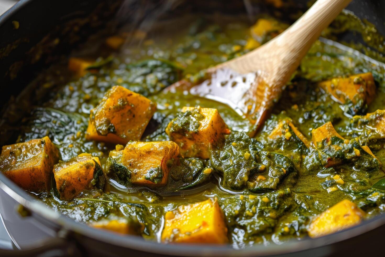 Delicious spinach and paneer curry in a cooking pot photo