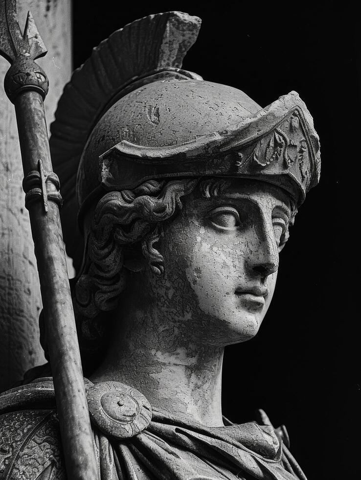 Close up of a classical statue with a helmet and spear photo