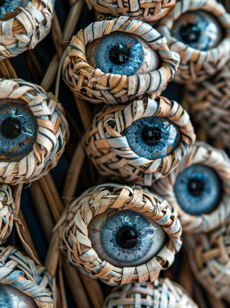 Close up of Artistic Woven Eye Sculptures photo