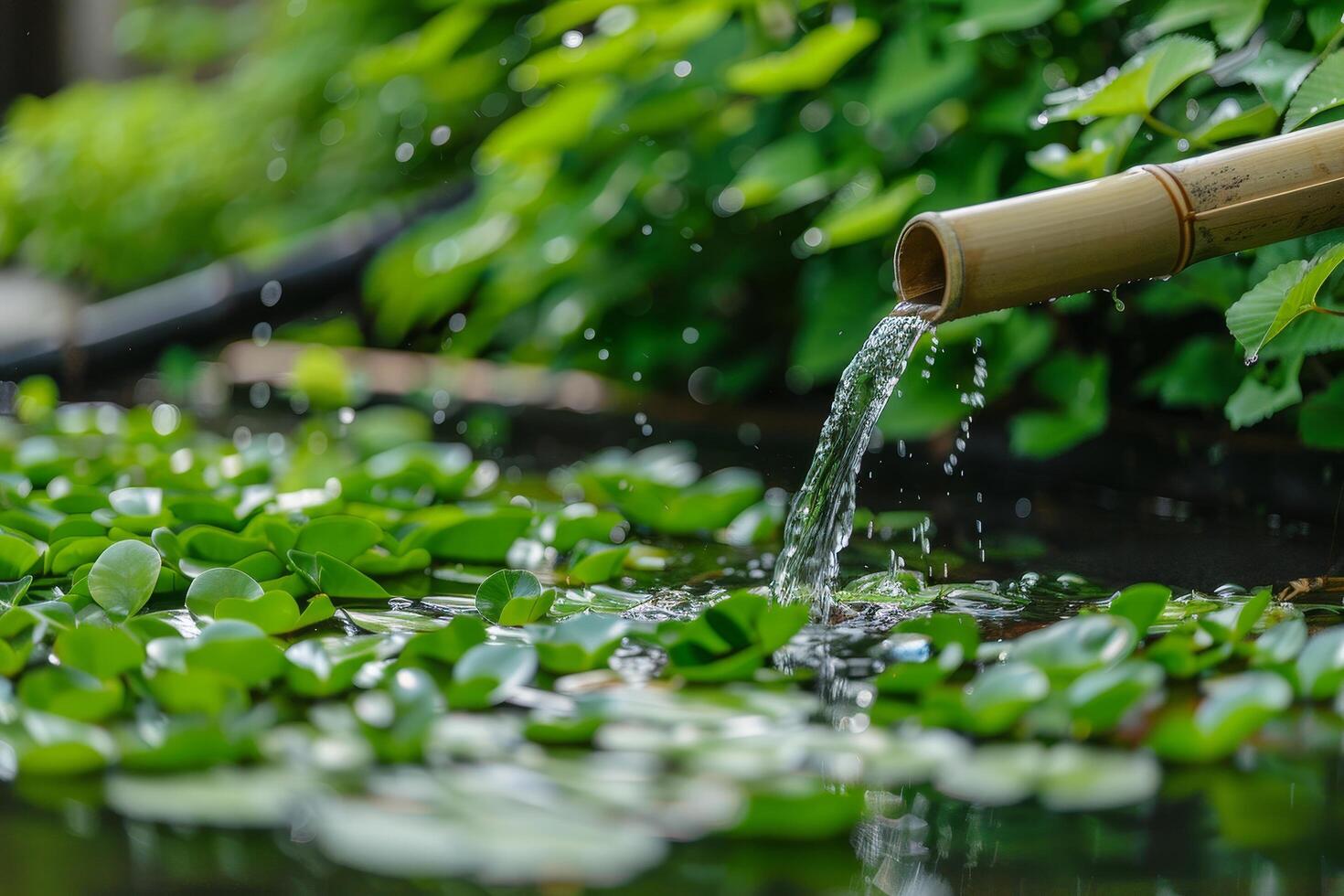 Tranquil water flowing from bamboo into a serene pond photo