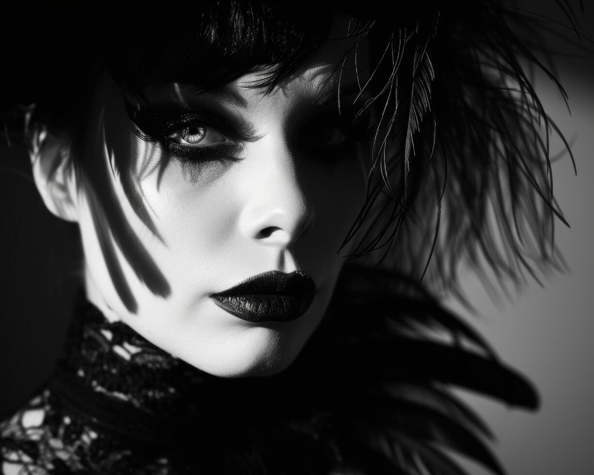 Dramatic black and white portrait of a woman with feathered accessories photo