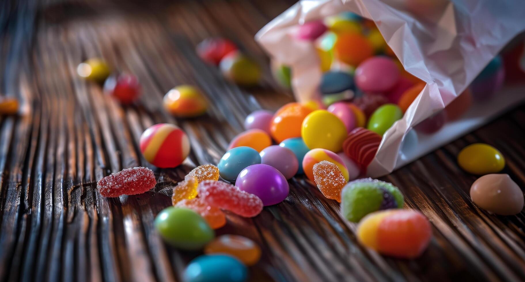 Colorful candies spilled from a paper bag on a wooden table photo