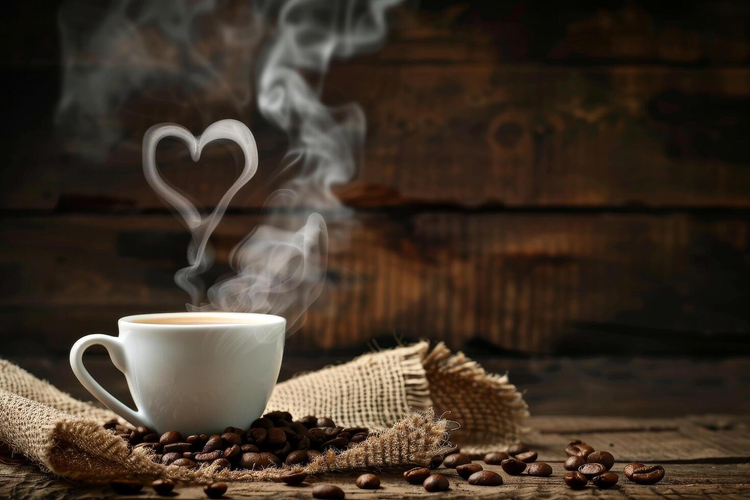 Steaming coffee cup with heart shaped steam on a rustic wooden table photo