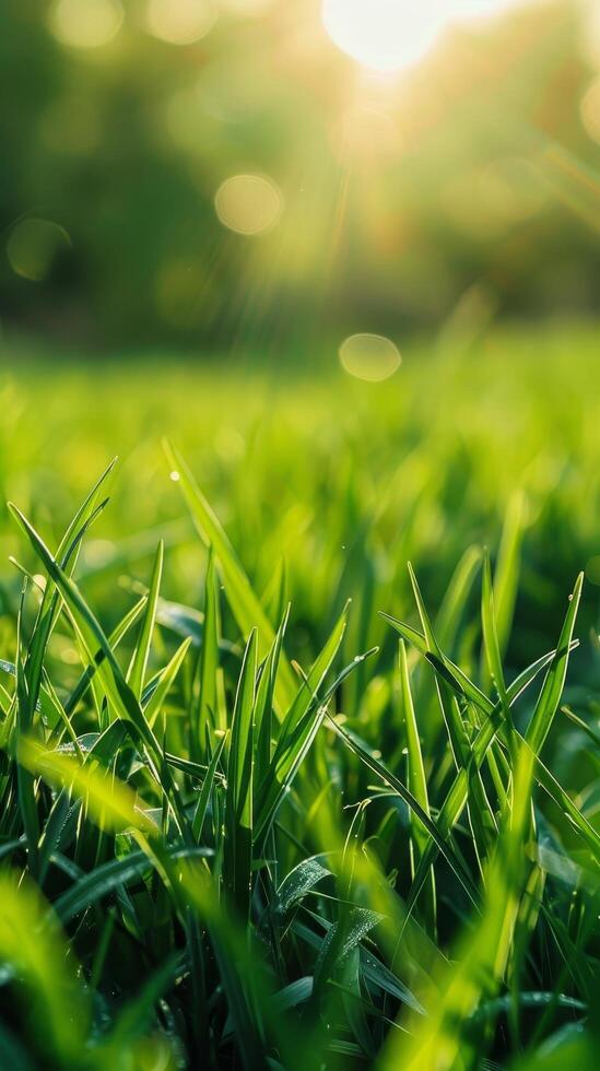 Sunlight filtering through fresh green grass at dawn photo