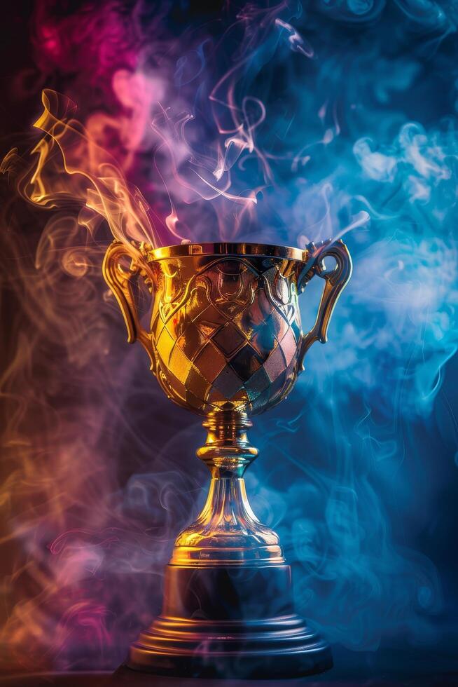 Golden trophy enveloped in colorful smoke on a dark background photo