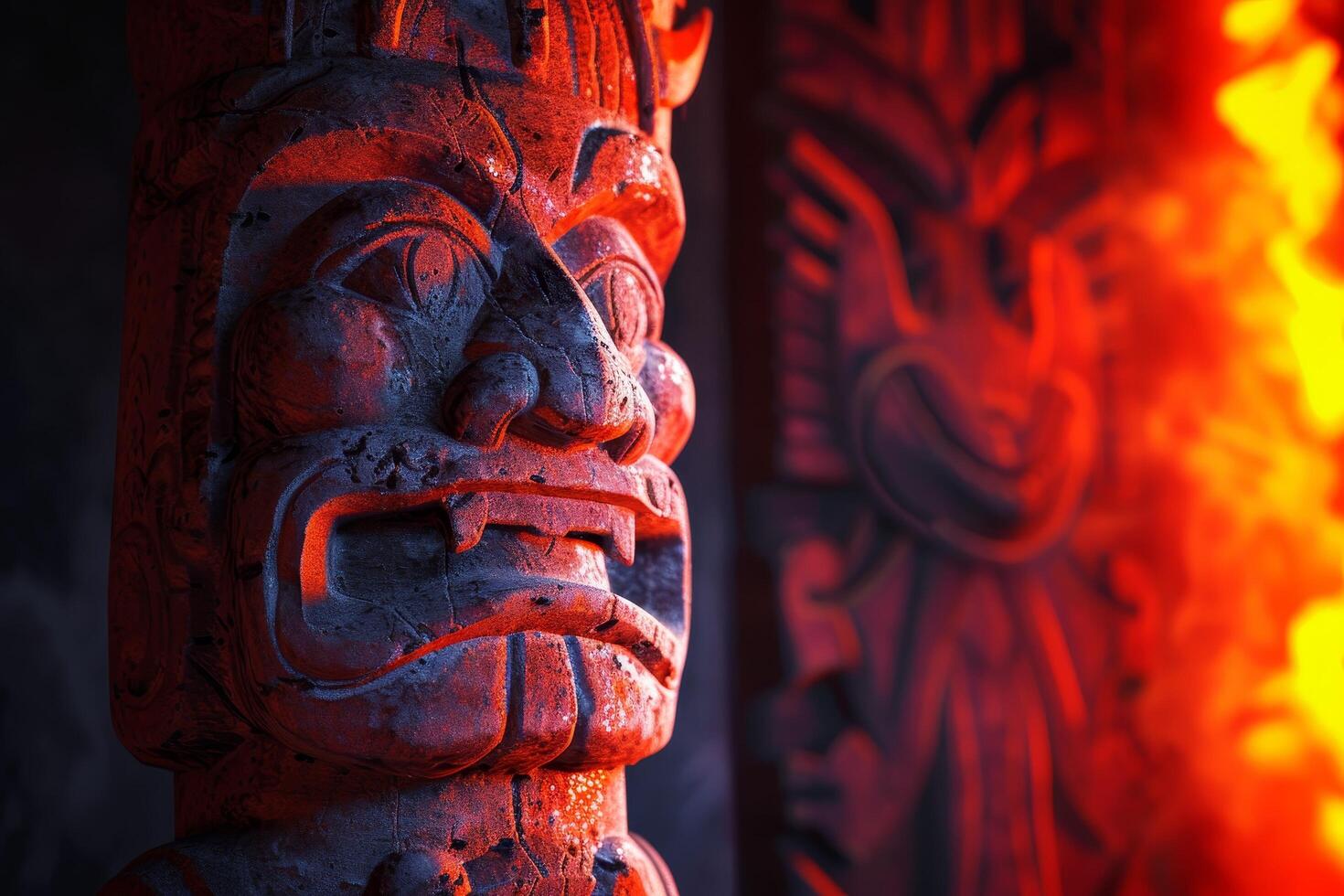 Traditional carved wooden totem with fiery background photo