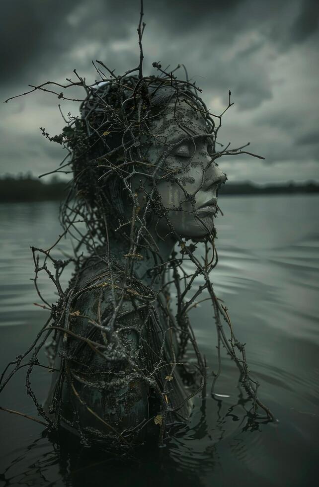 Mysterious figure emerging from water with branches photo