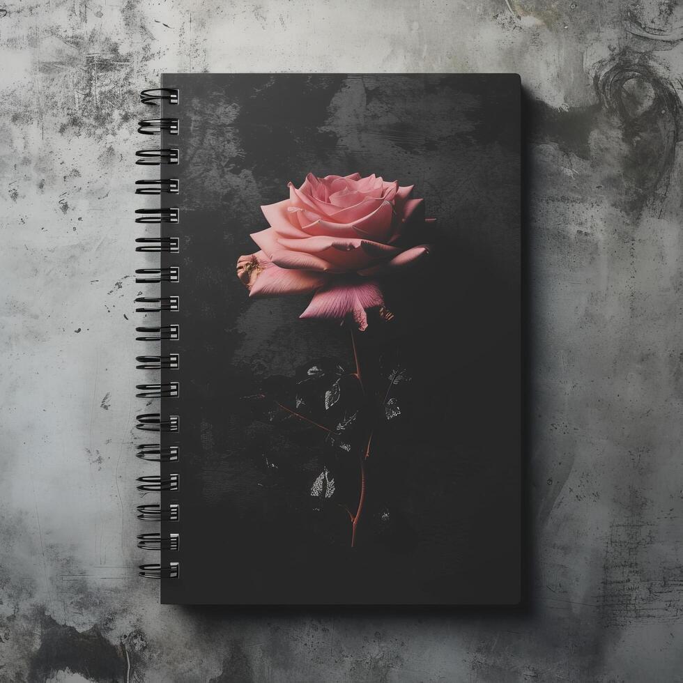 Elegant notebook with a rose design on a textured background photo