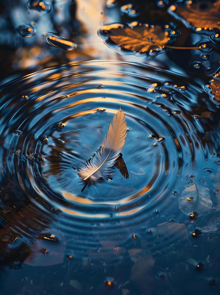 Feather floating on serene water with circular ripples around photo