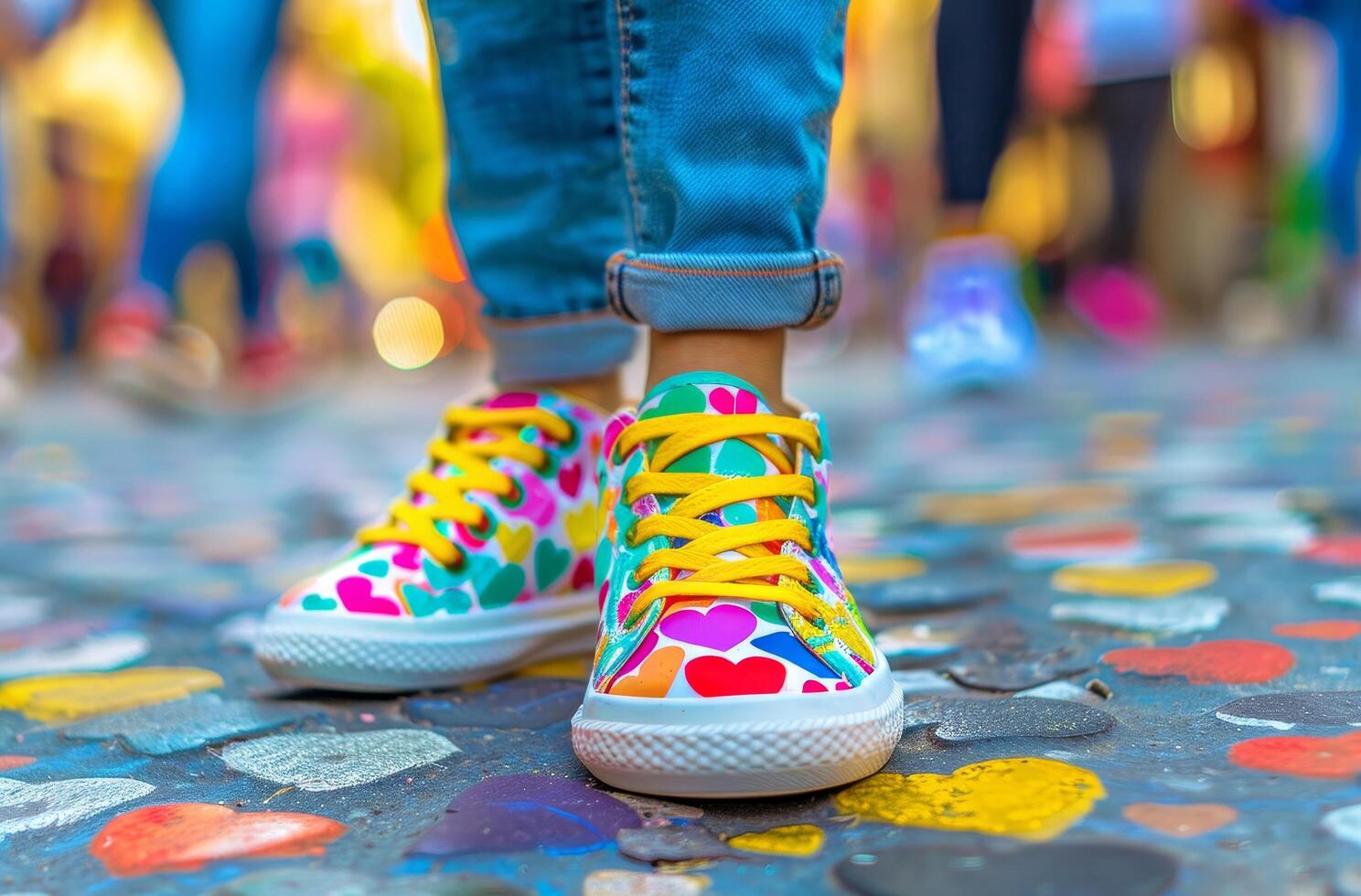 Colorful sneakers on vibrant city street photo