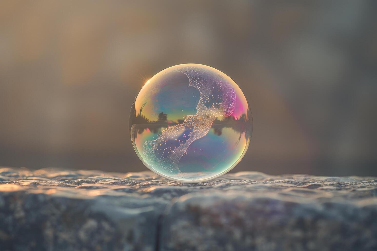 Ethereal soap bubble reflecting sunset colors photo