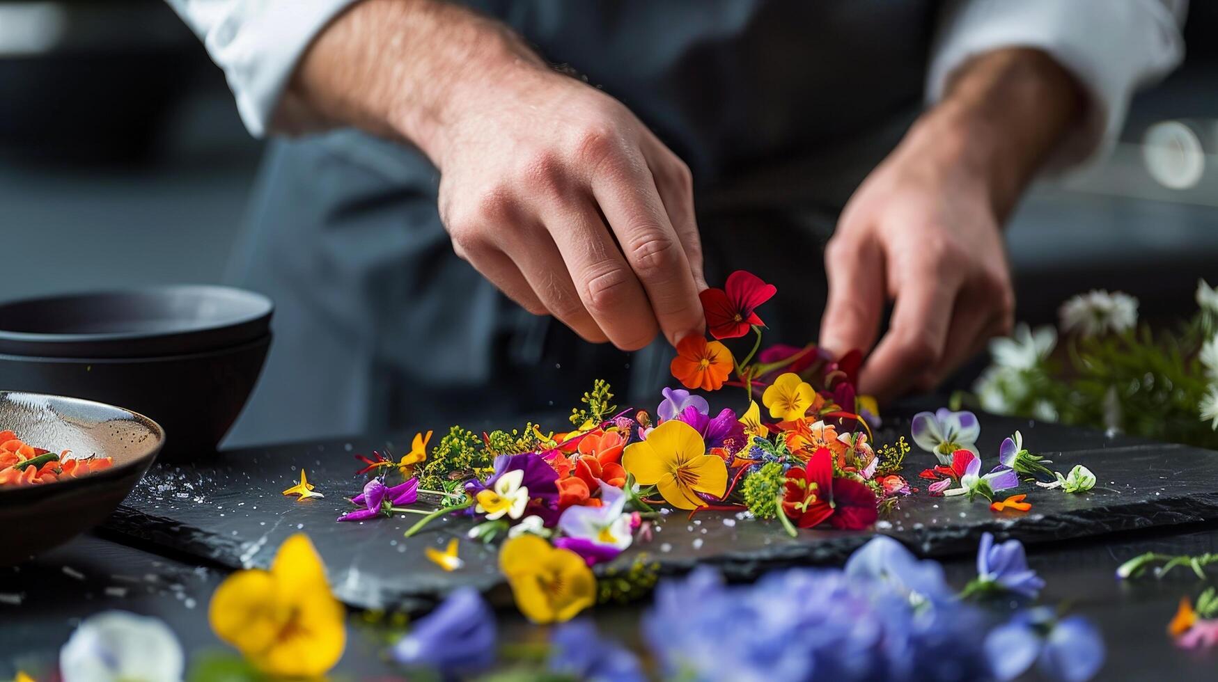Chef delicately garnishing a dish with colorful edible flowers photo