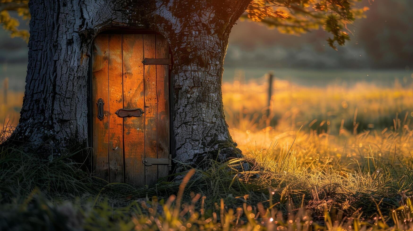 Enchanting Tree Door in a Magical Sunset Meadow photo
