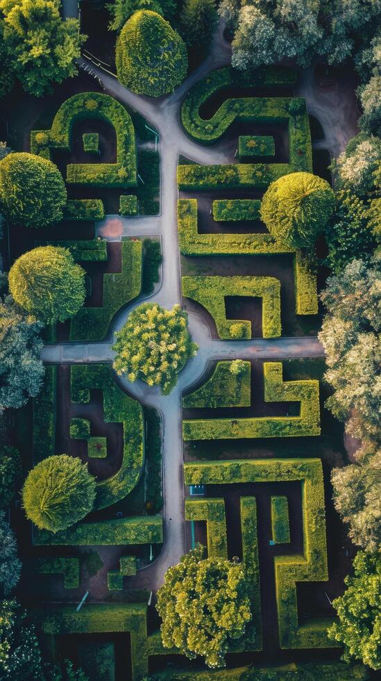 Aerial View of a Lush Green Garden Maze photo