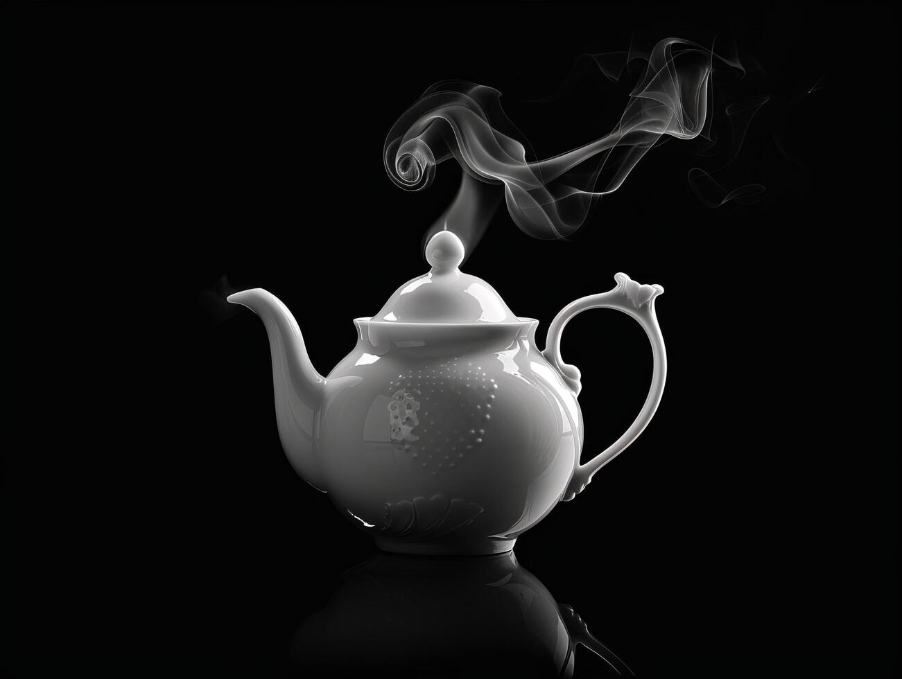 Elegant white teapot with rising steam on a dark background photo