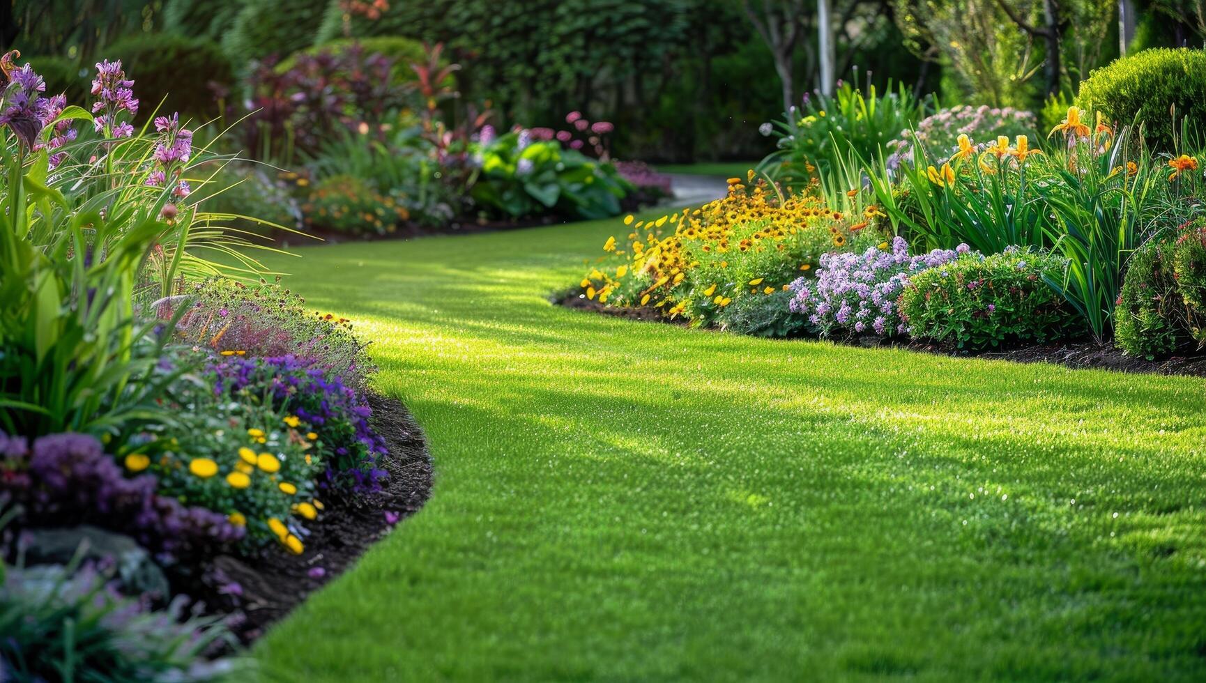 Beautifully manicured garden path with vibrant flowers and lush greenery photo