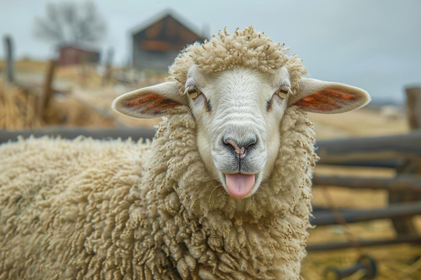 Playful sheep sticking out tongue at a farm photo