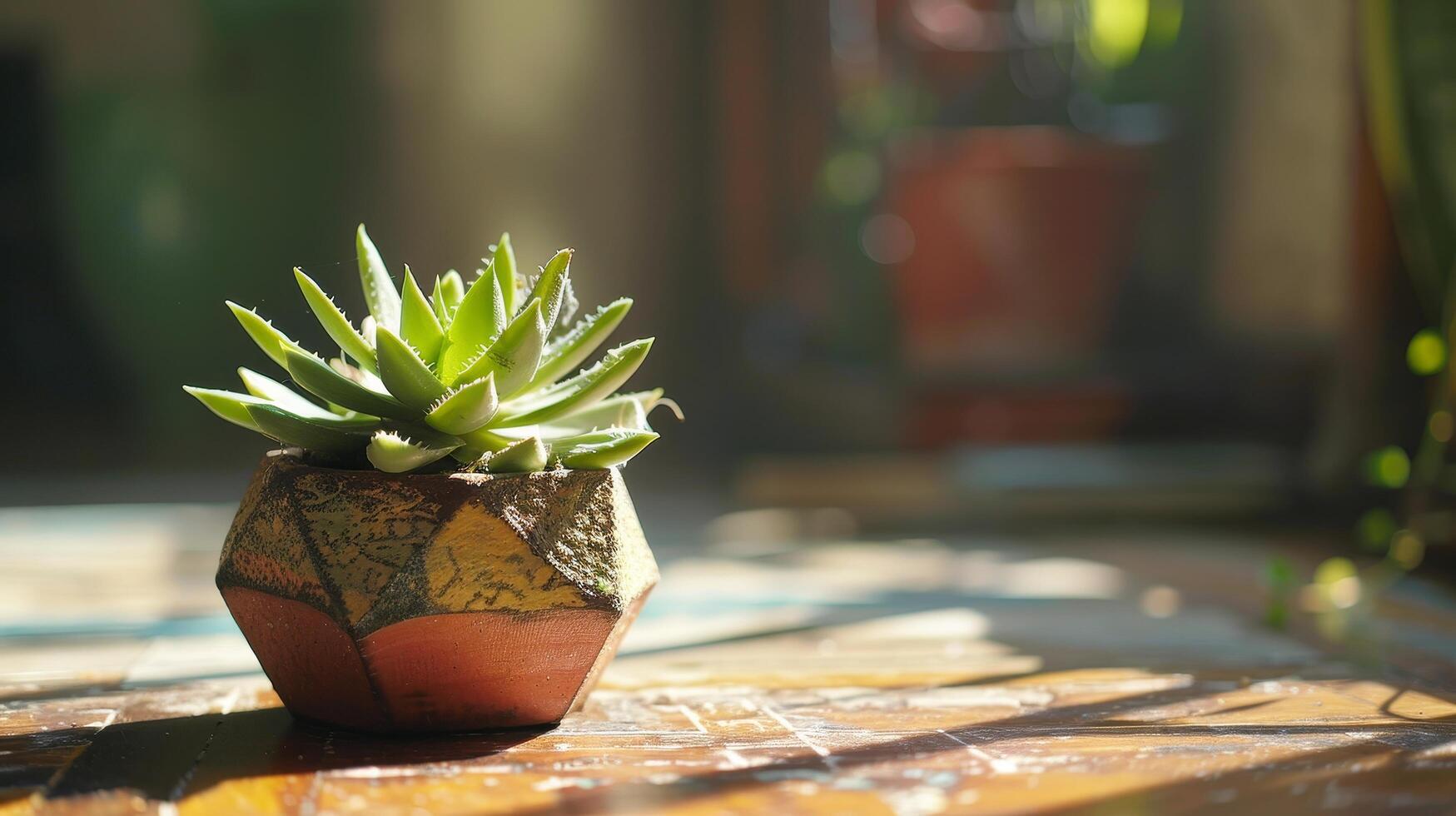 Succulent plant in a decorative pot basking in sunlight photo