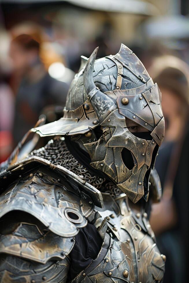 Medieval knight in ornate armor at a historical reenactment photo