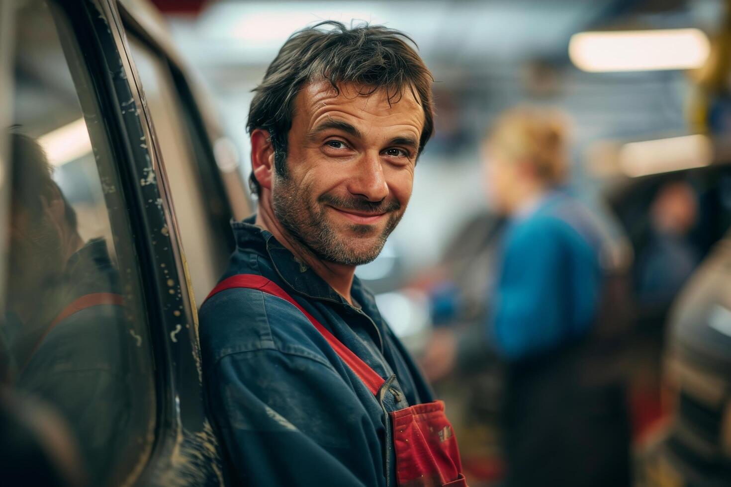 Smiling mechanic at work in auto repair shop photo