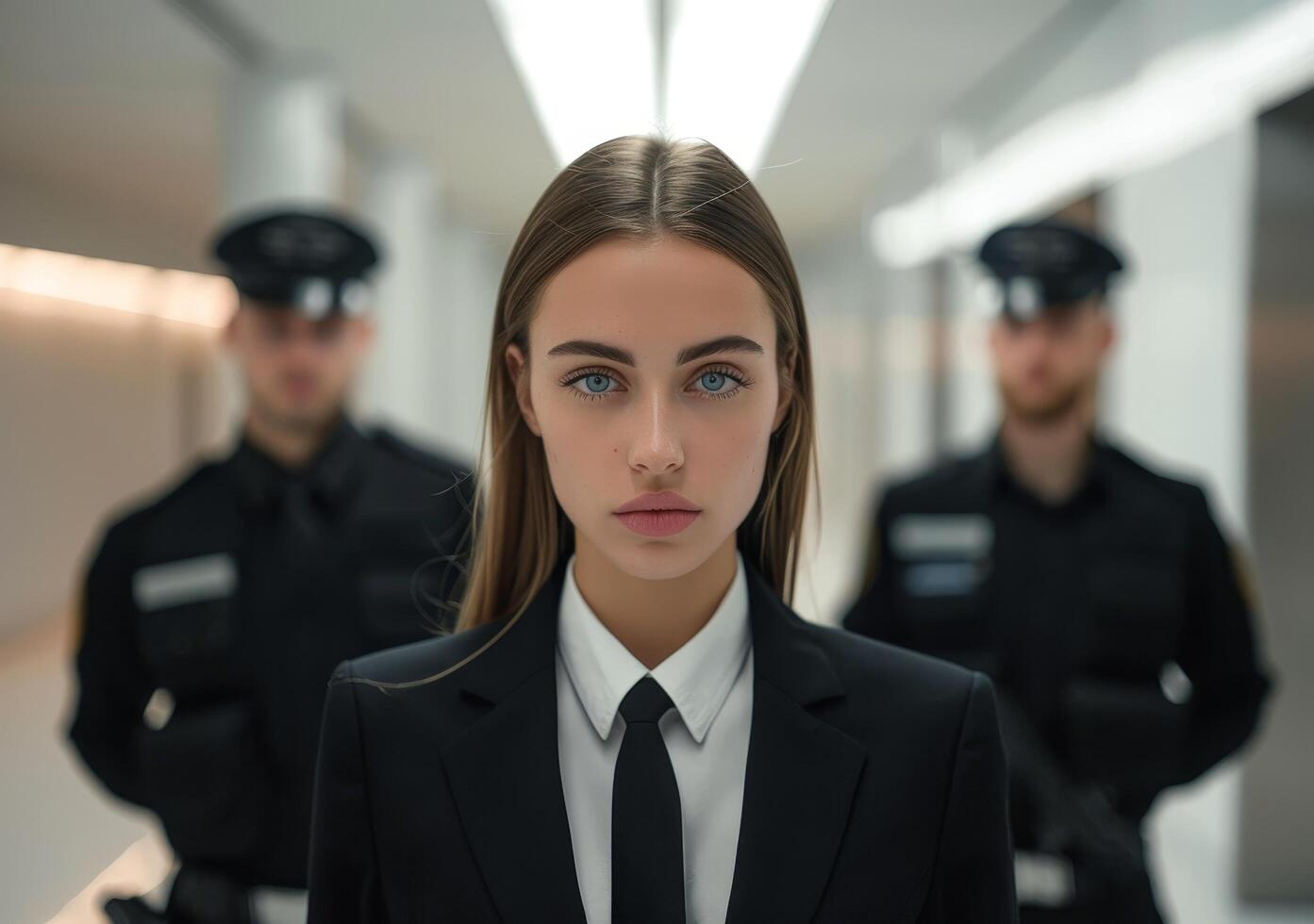 Confident young female leader with security team in modern office corridor photo