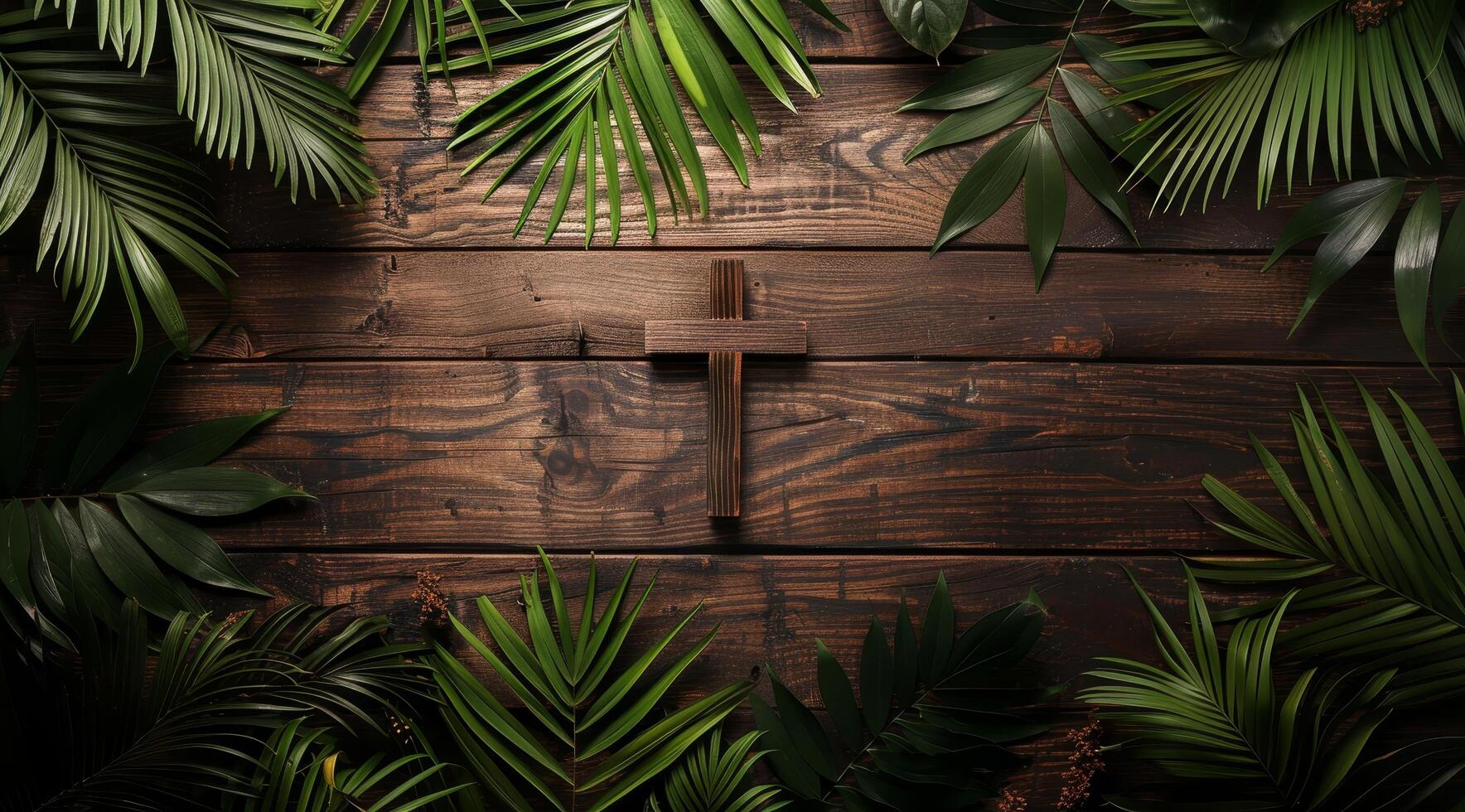 Wooden Cross Surrounded by Palm Leaves on a Rustic Background photo