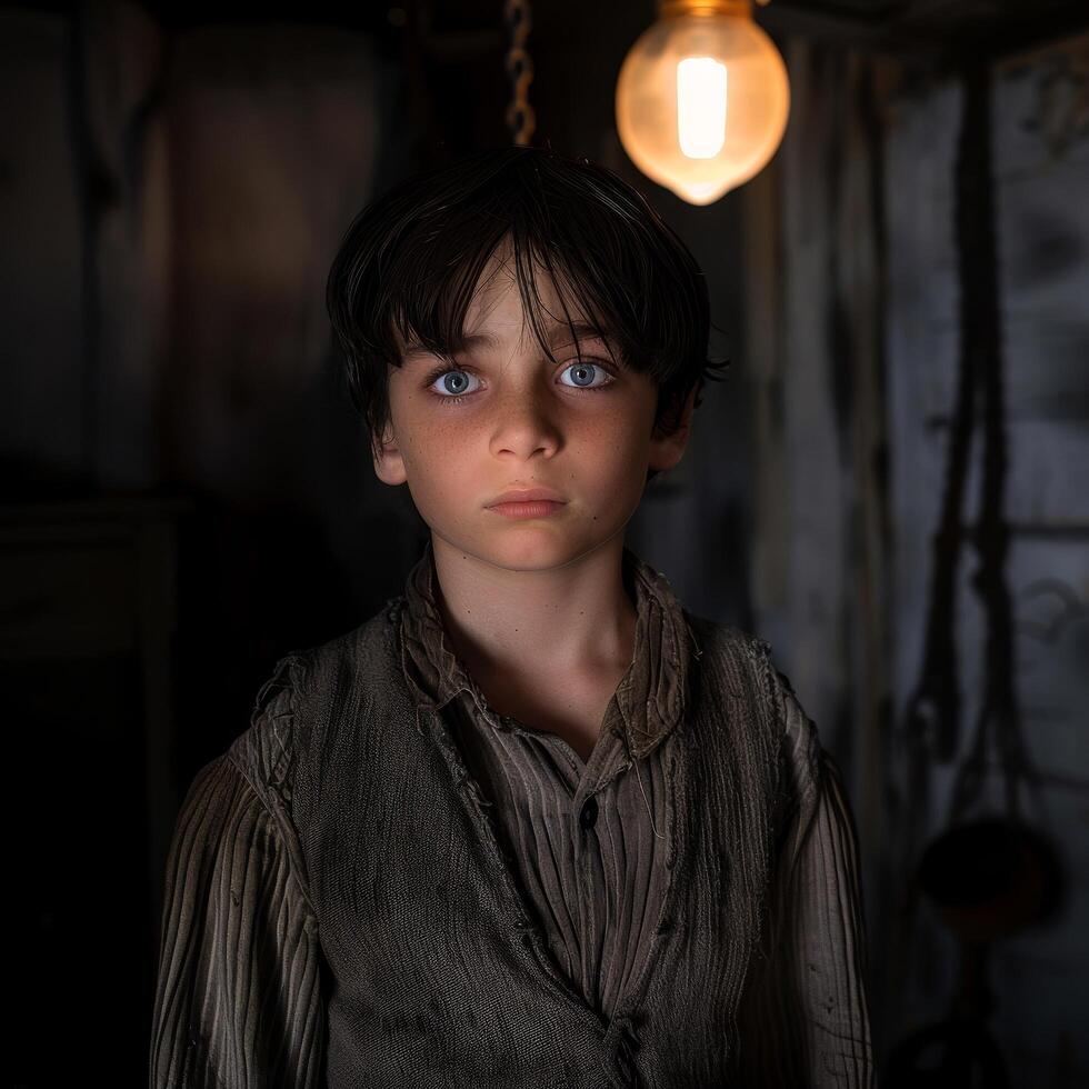 Young boy with intense gaze standing in a dimly lit rustic room photo