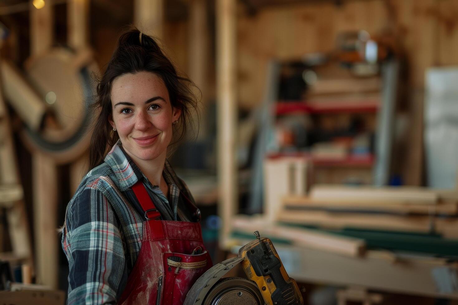 Confident female carpenter with power tool in a workshop photo