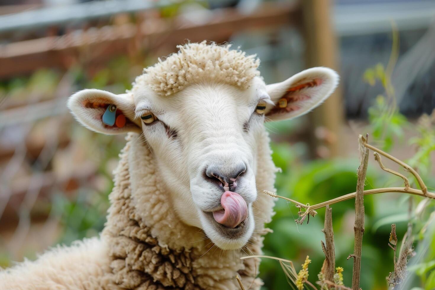 Sheep licking its nose in a playful manner photo