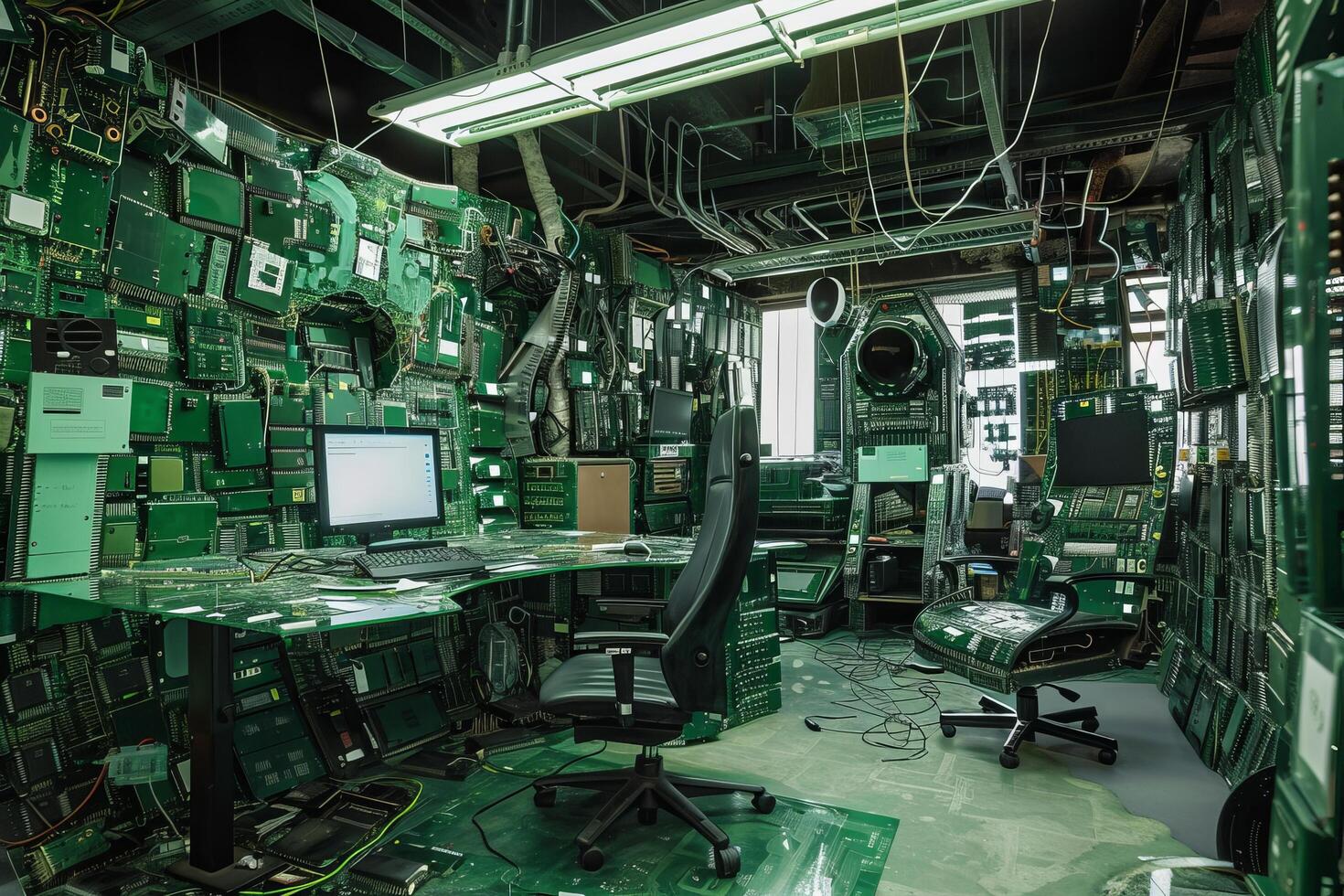 High tech computer workstation surrounded by circuit boards and electronic components photo