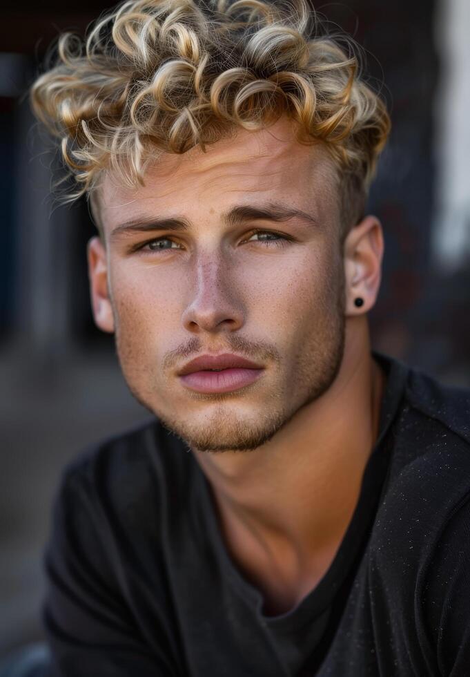 Portrait of a young man with curly blonde hair and piercing eyes photo