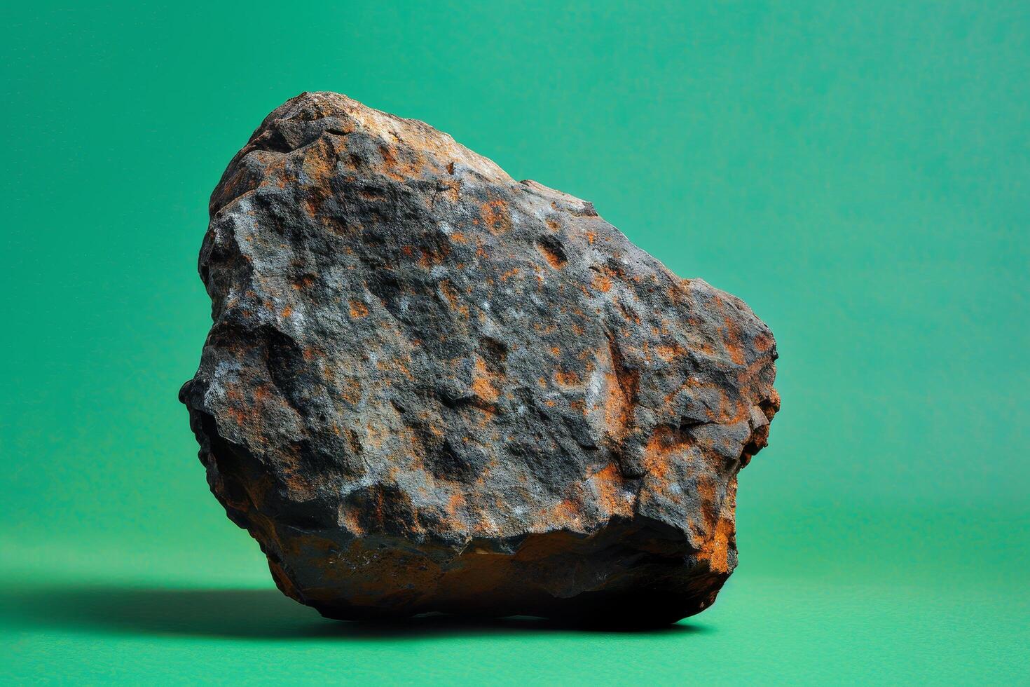 Close up of a textured rock on a green background photo