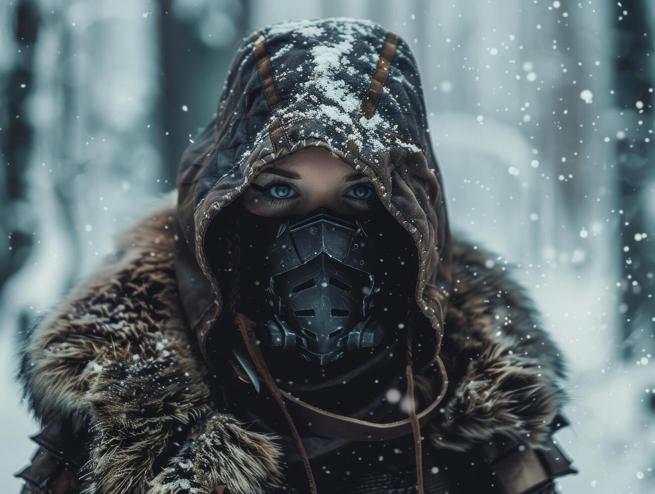 Mysterious figure in a snowy forest wearing a futuristic mask photo