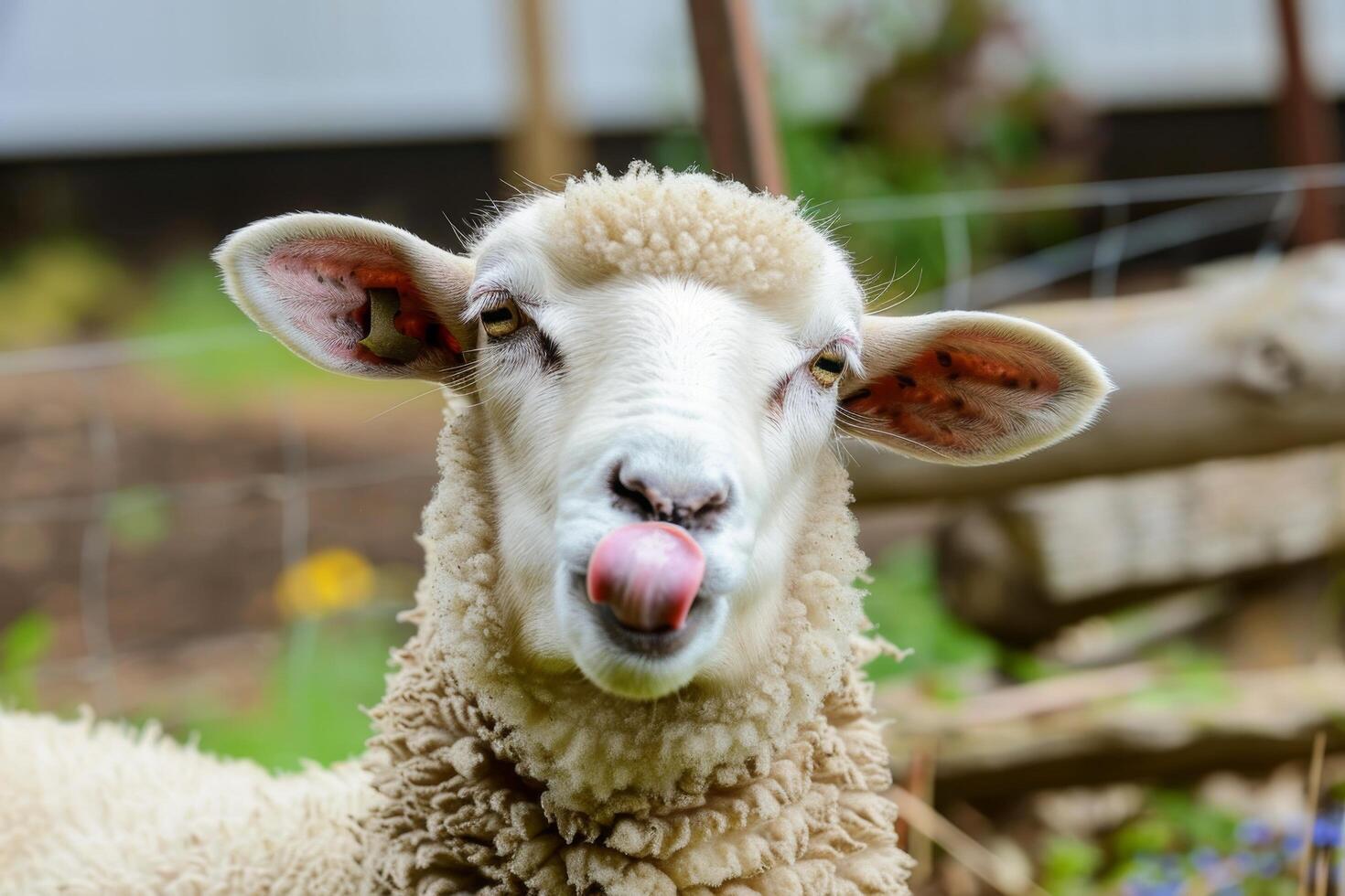 Sheep licking its nose in a farm setting photo