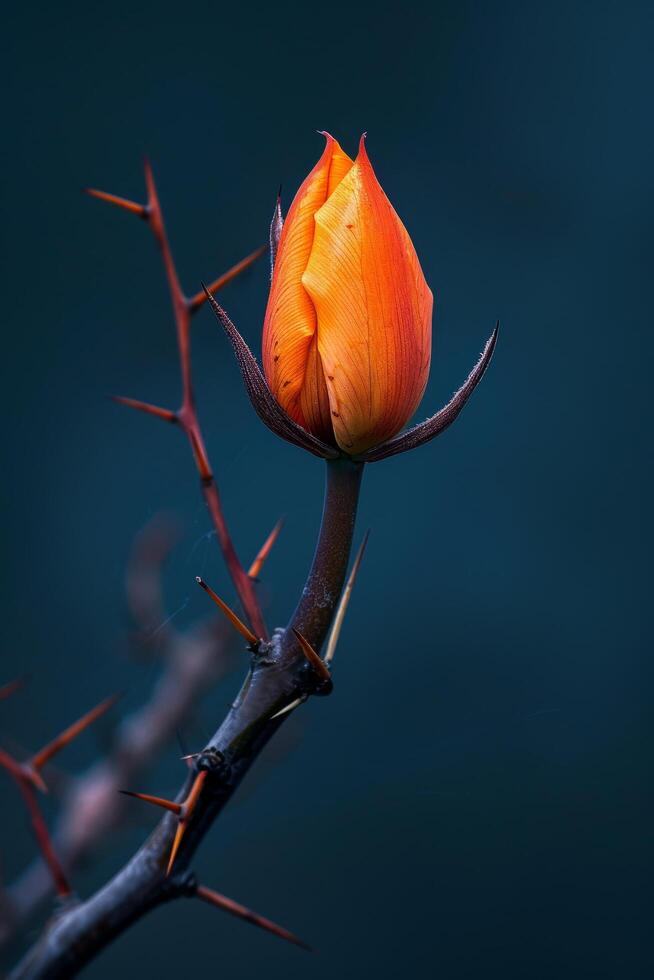 Vibrant Orange Flower Bud Emerging Among Thorns photo