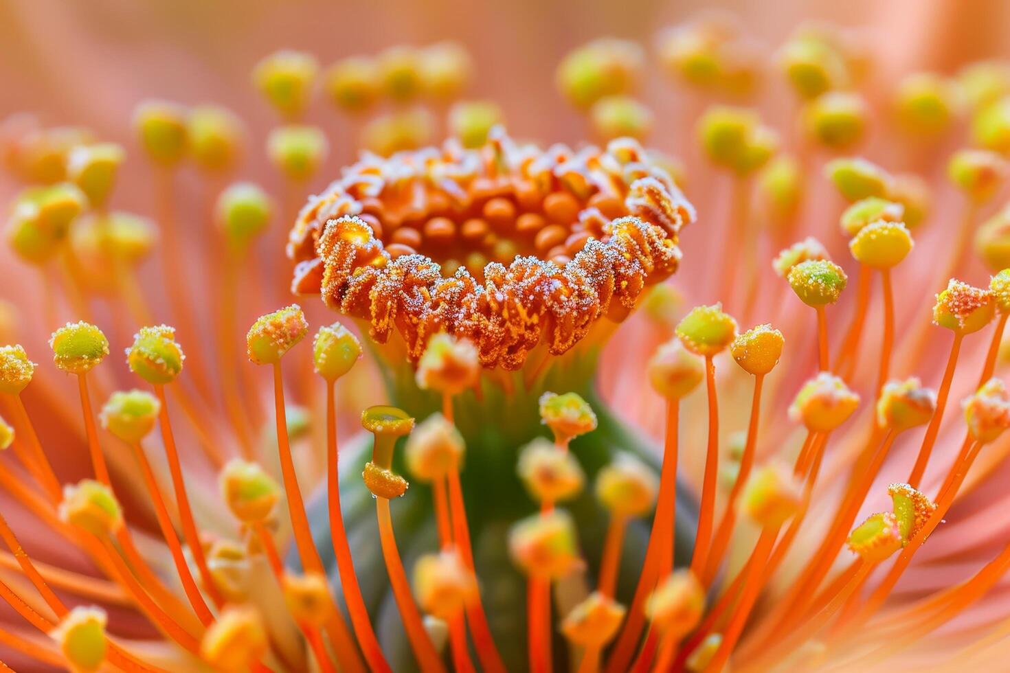 Close up of a vibrant orange pincushion flower with dew drops photo