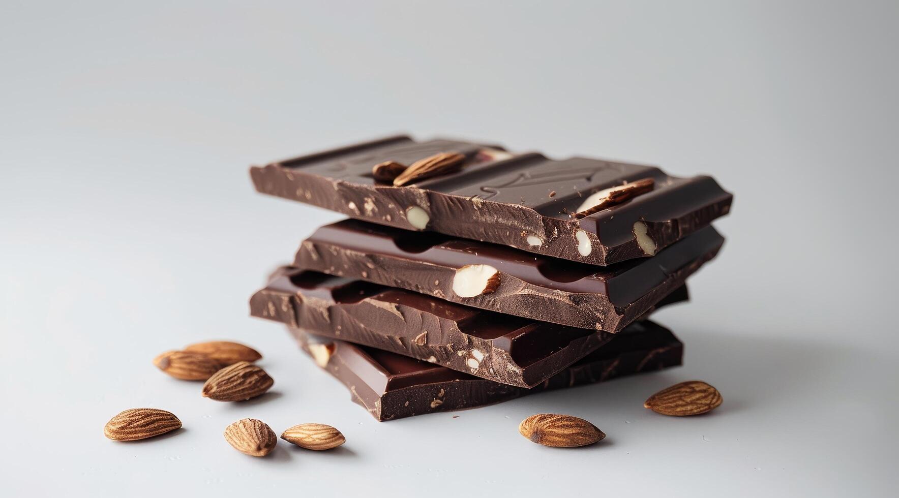 Stack of Dark Chocolate with Almonds on a Light Background photo