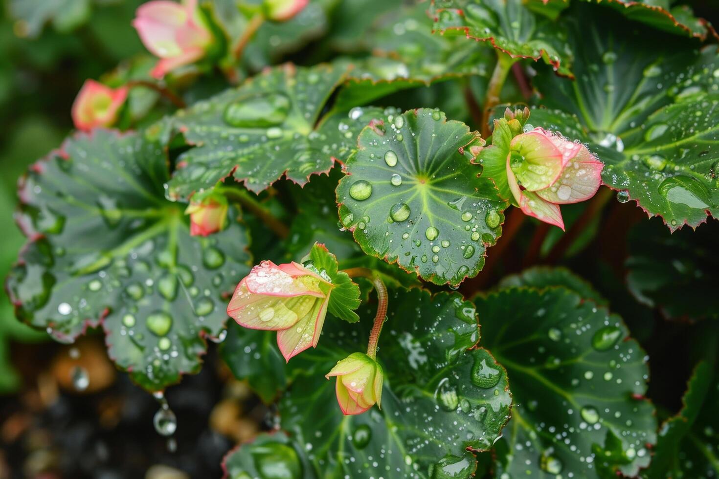 Fresh raindrops on vibrant green leaves and budding flowers photo