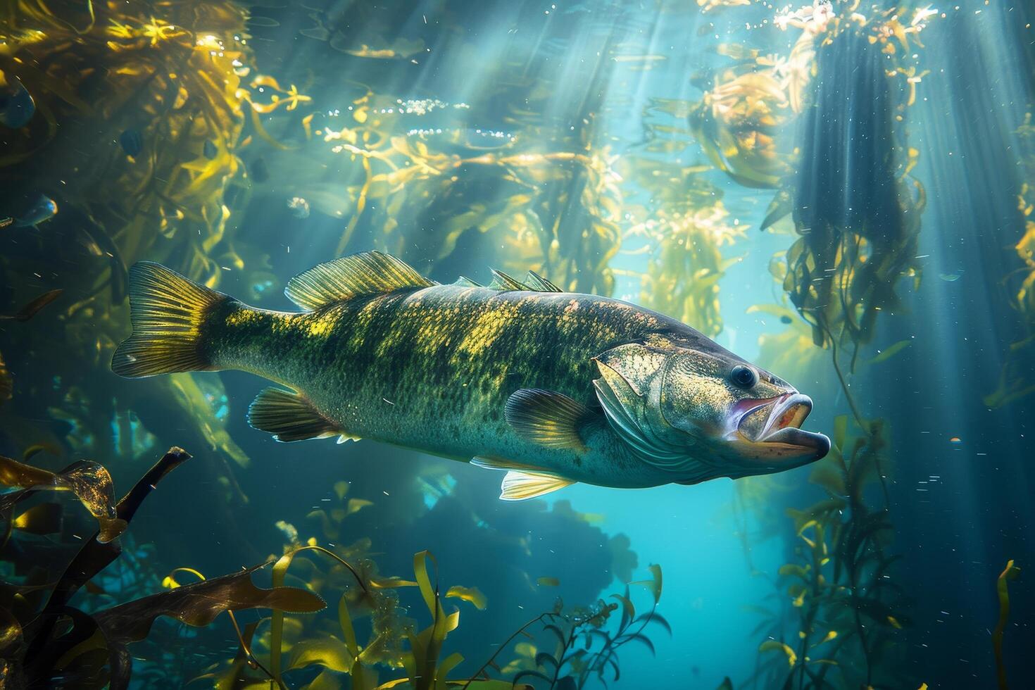 Large fish swimming through sunlit underwater kelp forest photo
