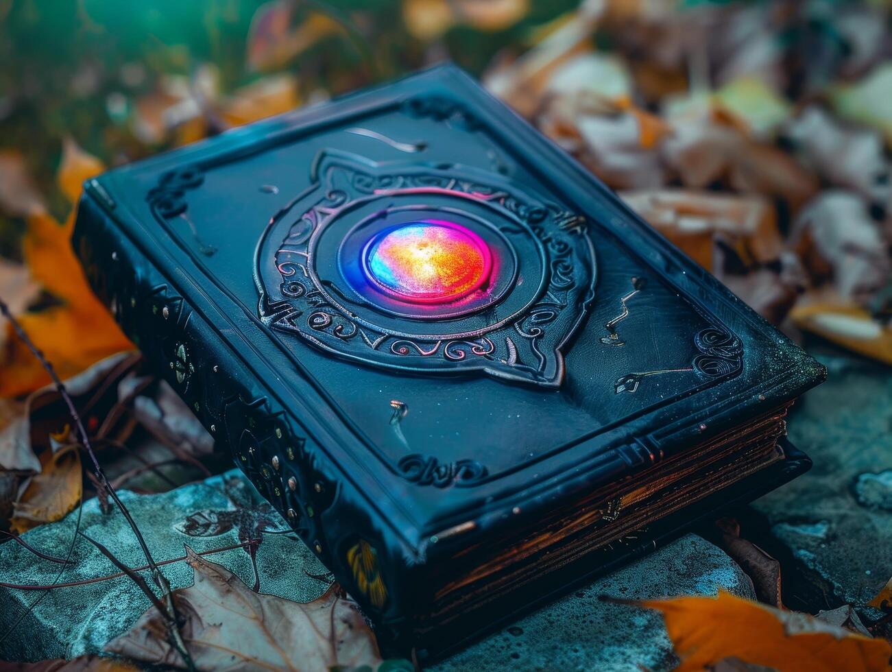 Mystical Book with Glowing Orb in Autumn Setting photo
