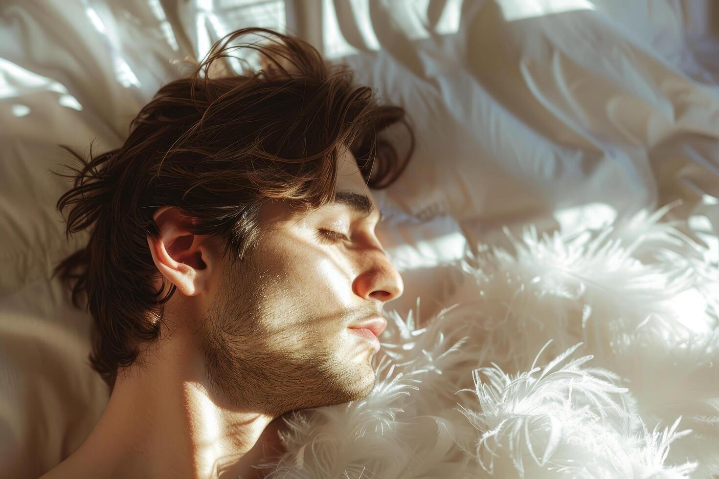 Young man peacefully sleeping in a sunlit bed photo