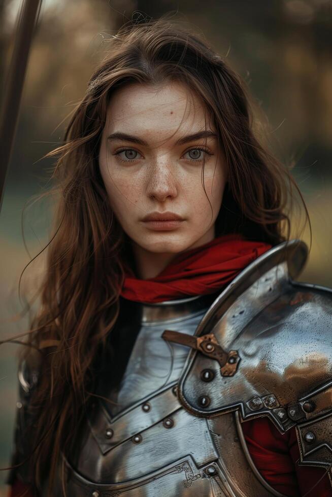 Medieval warrior woman in armor standing in a forest photo