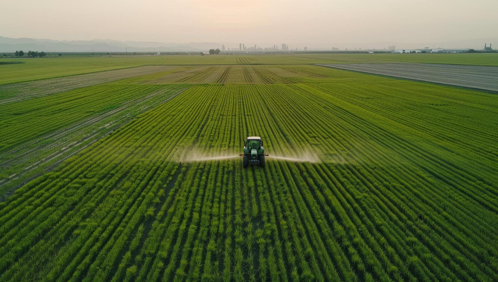 Aerial view of a tractor spraying crops in a lush green field at dusk photo