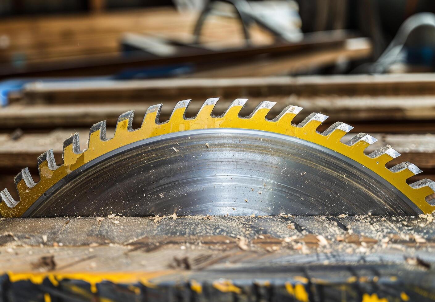 Close up of a Circular Saw Blade in a Workshop photo