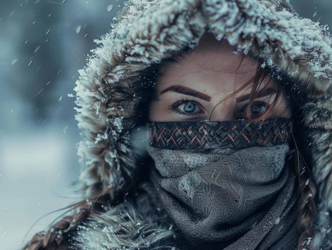 Womans face partially covered by a scarf in snowy weather photo